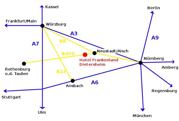 Dietersheim liegt an der B470 zwischen Neustadt/Aisch und Bad Windsheim. Von Nürnberg oder Würzburg fahren Sie bitte auf der B8 bis Neustadt/Aisch, von dort aus ca. 5 km auf der B470 Richtung Rothenburg ob der Tauber bis Dietersheim. Dort fahren Sie links in den Ort, über die Bahngleise und die zweite Straße rechts in die Schützenstraße.
Aus Richtung Stuttgart, Rothenburg ob der Tauber fahren Sie auf der A7 bis zur Ausfahrt Bad Windsheim. Von dort folgen Sie bitte der B470 Richtung Bad Windsheim, Neustadt/Aisch. Ca. 10 km hinter Bad Windsheim liegt Dietersheim. Dort fahren Sie rechts in den Ort, über die Bahngleise und die zweite Straße rechts in die Schützenstraße.